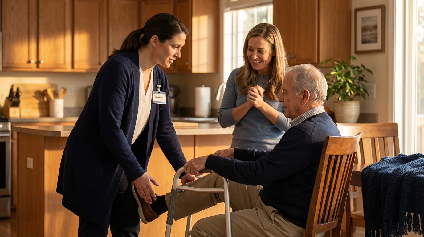 A therapist guides an older adult through a seated ankle rotation in a sunlit suburban kitchen while a smiling daughter watches, conveying calm, consistent support and relief. The scene uses warm natural light and a shallow depth of field to focus on the caregiving interaction.